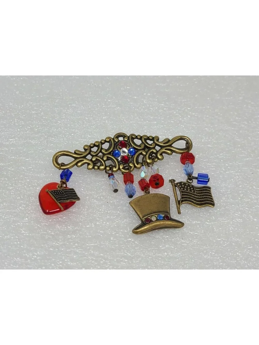 Vintage Bar Pin Brooch w/ Dangling Charms Heart Hat American Flag